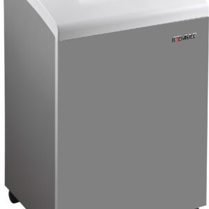 The Dahle 40430 Paper Shredder, with its sleek gray and white design, features a handy top slot and round control knob. This extreme cross-cut shredder on wheels ensures maximum document security for your office.
