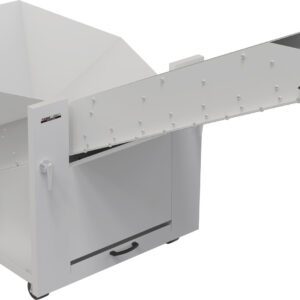 Image of a sleek, white Dahle PowerTEC® 929 CB Output Conveyor showing a large funnel-shaped hopper and extended conveyor. The design features visible bolts and small wheels for easy mobility.