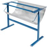The Dahle 796 Stand for the 446 Premium Rotary Trimmer, similar to a blue metal paper roll dispenser, features a white sheet partially extended. Its sturdy base and uncomplicated design provide seamless paper cutting and dispensing.