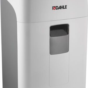 The Dahle ShredMATIC® SM 300 Auto-Feed Shredder, with its high-security and sleek white-gray design, features an auto-feed tray for up to 300 sheets, a clear view window, and caster wheels for easy mobility.