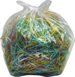 A clear plastic bag of Dahle 20723 Shred Bags for 8-10 gal. shredders (case of 200) showcasing colorful shredded paper, including blue, yellow, and red strips. It is tied at the top for a rounded shape, allowing the vibrant contents to be visible—a perfect blend of utility and color.