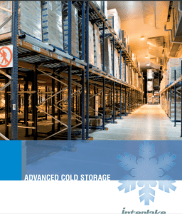 Warehouse interior featuring tall shelving units with stacked boxes. The lower left corner has a blue section with the words Advanced Cold Storage and a snowflake design.