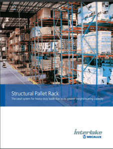 Warehouse interior with tall blue and orange pallet racks filled with white boxes. A worker is visible on the aisle. The text reads Structural Pallet Rack: The ideal system for heavy-duty loads due to its greater weight-bearing capacity.