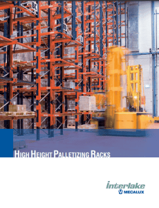 A warehouse with tall orange pallet racks filled with boxes. A yellow forklift is moving items in front of the racks. The text High Height Palletizing Racks and the logo Interlake Mecalux are visible at the bottom.
