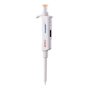 The MH-USA Precipette Pipette is a white, single-channel adjustable pipette featuring a digital display, an orange cap, and a long white tube, designed for precise 0.1-2.0μl liquid measurement in labs.