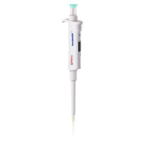The MH-USA Precipette Pipette is a single-channel, adjustable volume laboratory tool with a 5-50μl capacity, featuring a blue button, measurement markings, and clear plastic tip against its white body bearing branded text.