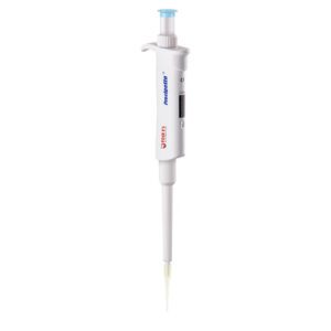 The MH-USA Precipette Pipette, a single-channel tool with adjustable volume (20-200μl), features a white body, blue push button, and digital display for precise liquid measurement. The Proline brand name is elegantly displayed.