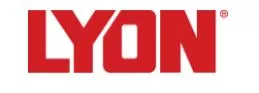 Red text reading LYON in bold, capital letters, with a registered trademark symbol in the top right corner, captures attention like a well-organized Utah shelving system.