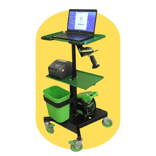 A green and black mobile workstation designed as a productivity solution features a laptop, scanner, label printer, green bin, and storage baskets on wheels, all set against a vibrant yellow background.