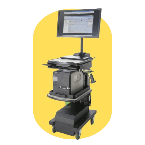 Introducing the NewCastle Systems mobile workstation, a robust industrial unit with a monitor showcasing software, perfectly perched above a printer and ample storage on a wheeled cart. Set against a solid yellow backdrop, this setup exemplifies efficiency and mobility in one sleek package.