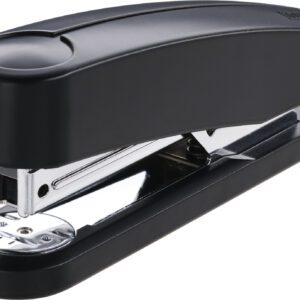 A Novus B2 Compact Stapler from a case of 20 is sleekly displayed on a white background, highlighting its black top and exposed metal components. Its angle showcases the full length and staple loading=