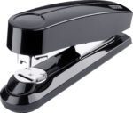 A Novus B4fc Flat Clinch Stapler, Black (Case of 50), rests elegantly on a white background, showcasing its glossy design with a visible staple compartment and sturdy metal lever for optimal functionality.