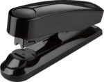 The Novus B4fc re+new Stapler, Black (Case of 20), is a sleek, glossy black desktop stapler featuring a rounded top and spring-loaded base for office use. The brand logo is subtly displayed on its surface.