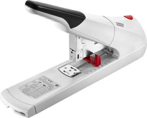 Novus_B50_Heavy_Duty_Stapler.jpg The Novus B50 Heavy Duty Stapler (Case of 10) has a white and silver design with a red adjustment knob, paper measurement guide, black-accented top, and clear base scale for precise sheet alignment.