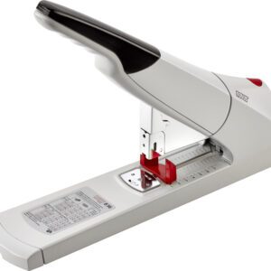 The Novus B56 Heavy Duty Stapler (Case Of 10) sports a sleek white and black design, an extended base for large stacks, and an ergonomic handle for comfort. A subtle red accent enhances its style by the loading area.