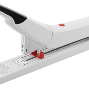 The Novus B56 XL Heavy Duty Long Arm Stapler is a long-reach stapler in white with a black handle and red reset button. It features a base metal ruler for precise, reliable stapling at various depths when positioned on a flat surface.