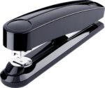 A sleek Novus B5fc Flat Clinch Stapler, Black (Case Of 40), is photographed on a white background, showcasing its shiny metallic base and modern design.