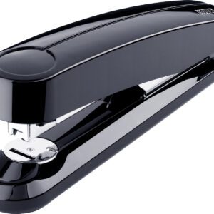 A sleek Novus B5fc Flat Clinch Stapler, Black (Case Of 40), is photographed on a white background, showcasing its shiny metallic base and modern design.