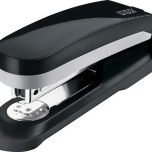 The Novus E25 Compact Stapler, Black (Case Of 20), boasts a stylish black and silver design with metallic and plastic elements elegantly presented against a white background in an angled front view.