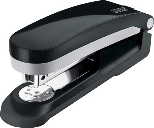 Novus_E25_Compact_Stapler__Black.jpg The Novus E25 Compact Stapler, Black (Case Of 20), boasts a stylish black and silver design with metallic and plastic elements elegantly presented against a white background in an angled front view.