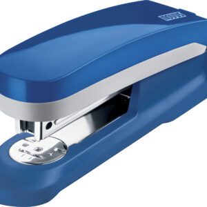The Novus E25 Compact Stapler, in a blue design with a silver metal staple compartment and logo on top, is elegantly angled to display its side and front. Available in a case of 20.