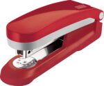 The Novus E25 Compact Stapler, Red (Case of 20) features a shiny metallic base and embossed brand logo, offering a modern design ideal for any office or home setting.