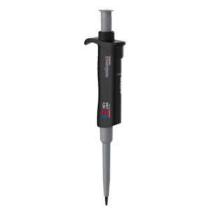 The MH-USA Per4mance Pipette is a black single-channel pipette with an adjustable volume range of 0.5-10μl, featuring a digital display and thumbwheel for easy calibration. Its pointed tip ensures precision in liquid handling. The pipette is shown standing vertically against a white background.