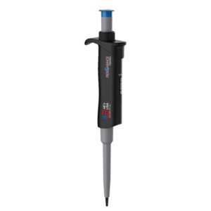 The MH-USA Per4mance Pipette, with adjustable volume from 5-50μl, is a single-channel tool in black and grey. It features a blue plunger and ergonomic design for enhanced comfort, while white brand labeling and color graphics ensure precise liquid handling in labs.