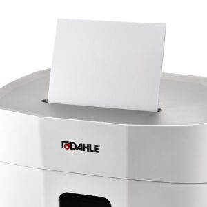 Close-up of a Dahle PaperSAFE® PS 240 Shredder, Deskside edition, with a single sheet of paper partially inserted in the top slot.