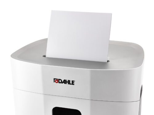 The Dahle PaperSAFE® PS 260 Deskside Shredder features a sleek design, ideal for deskside use, with paper inserted at the top and prominent branding on the front.