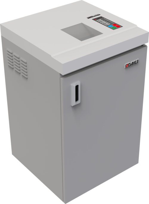 The Dahle PowerTEC® 717 OS High Security Optical Media Shredder, featuring a gray rectangular design with a top display panel, side vents, and handle for convenience, has the Dahle brand on the front door, ensuring ultimate data protection.