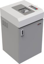 The gray Dahle PowerTEC® 808 MS Digital Media Shredder boasts a stylish white top, front handle, and compact control panel on the top right. Its front-viewing window shows shredded paper inside, while the Dahle logo stands for quality and reliability.