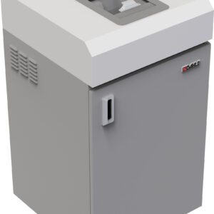 The gray Dahle PowerTEC® 808 MS Digital Media Shredder boasts a stylish white top, front handle, and compact control panel on the top right. Its front-viewing window shows shredded paper inside, while the Dahle logo stands for quality and reliability.