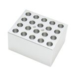 The MH-USA Dry Bath Block for 20 x 1.5ml Eppendorf Tubes features a grid of circular holes, each Φ11.5mm x 36.9mm, within its silver metallic block, offering a smooth, shiny finish ideal for lab use.
