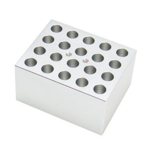 The MH-USA Dry Bath Block for 20 x 1.5ml Eppendorf Tubes features a grid of circular holes, each Φ11.5mm x 36.9mm, within its silver metallic block, offering a smooth, shiny finish ideal for lab use.
