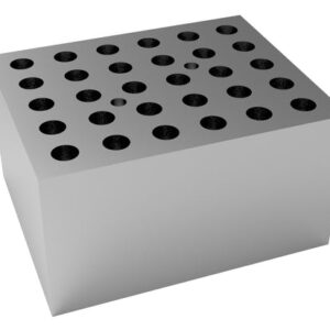 The MH-USA Dry Bath Block, PCR Tube (30 x 0.5ml, Φ7.9mm x 27.6mm) is a metallic rectangular block with a matte finish and features rows of circular holes with dark interiors for efficient thermal transfer.