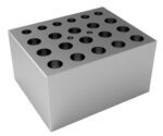 The MH-USA Dry Bath Block boasts a sleek silver design with a grid of cylindrical holes, accommodating 6/10/5 x 0.5/1.5/2ml microtube combinations.