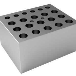 The MH-USA Dry Bath Block boasts a sleek silver design with a grid of cylindrical holes, accommodating 6/10/5 x 0.5/1.5/2ml microtube combinations.