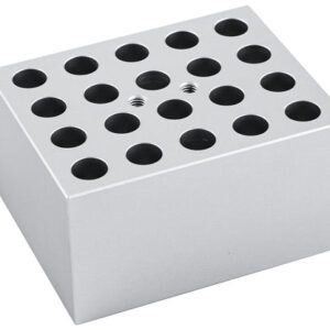 The MH-USA Dry Bath Block for microtubes features 20 x 1.5ml circular holes (Φ11.1mm x 39.1mm) in a grid pattern, two threaded center holes, and a smooth metallic finish for efficient thermal conductivity.