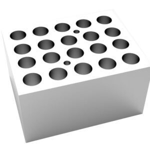 The white MH-USA Dry Bath Block has a rectangular shape with multiple evenly spaced circular holes for 20 x 2.0ml Eppendorf Tubes, Φ11.5mm x 38.1mm, highlighted from a slightly elevated angle to show precise arrangement.