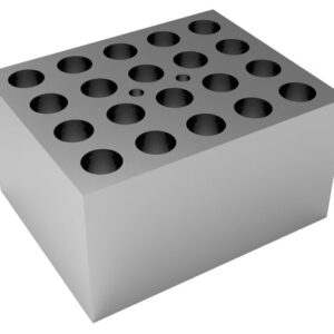 A 3D rendering displays the MH-USA Dry Bath Block for round tubes, with a metallic rectangular block and a smooth finish. The top surface is designed with multiple cylindrical holes in a grid pattern, accommodating 24 x 10mm tubes (Φ10.7mm x 48.4mm).