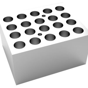 The MH-USA Dry Bath Block, designed to hold vials up to 20 x 12mm with a Φ of 12.7mm x 30mm, is a glossy white block with sharp edges and a flat top featuring precisely spaced circular holes in a grid pattern.
