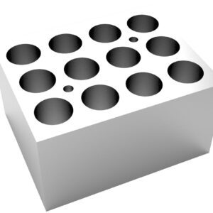 A 3D rendering of the MH-USA Dry Bath Block, Vials, features a white block with twelve evenly spaced circular holes on top, designed to hold 12 x 17mm vials.