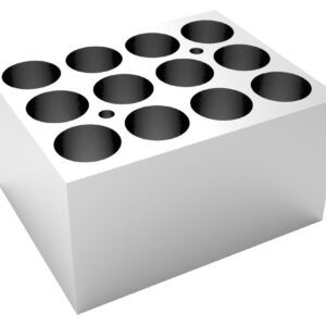 The MH-USA Dry Bath Block for Vials is a white rectangular unit with twelve Φ15.8mm x 35mm circular holes in a 3x4 layout, including one with a black dot. Shadows add depth, making it perfect for securely holding vials in place.
