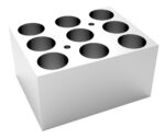 The MH-USA Dry Bath Block, Vials, 9 x 21mm, Φ21.7mm x 45mm, is a white rectangular block with a minimalist design and features nine circular holes in a grid pattern: eight are uniformly sized for vials and one smaller central hole, showcasing smooth edges and precision engineering.
