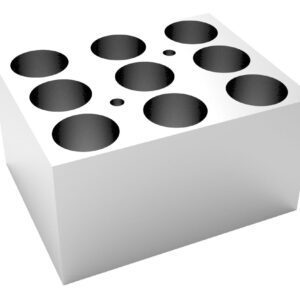 The MH-USA Dry Bath Block, Vials, 9 x 21mm, Φ21.7mm x 45mm, is a white rectangular block with a minimalist design and features nine circular holes in a grid pattern: eight are uniformly sized for vials and one smaller central hole, showcasing smooth edges and precision engineering.