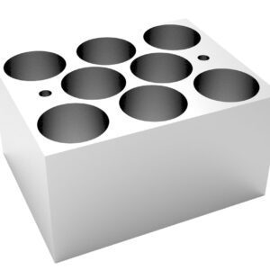 The MH-USA Dry Bath Block is a white rectangular piece with circular holes, casting intriguing shadows. Its design includes Φ23.8mm x 45mm for versatile laboratory applications, such as holding 8 vials of 23mm diameter precisely.