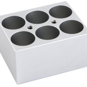 The MH-USA Dry Bath Block is a light gray, smooth-finished rectangular metallic piece with six circular indentations for vials up to 28mm in diameter, arranged in two rows of three.