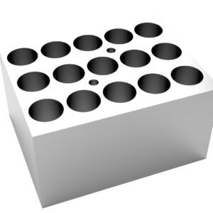 The MH-USA Dry Bath Block is a white rectangular block with 15 evenly spaced dark circular holes on top, designed for vials of Φ16.4mm x 45mm, creating a uniform contrast against the light-colored block.