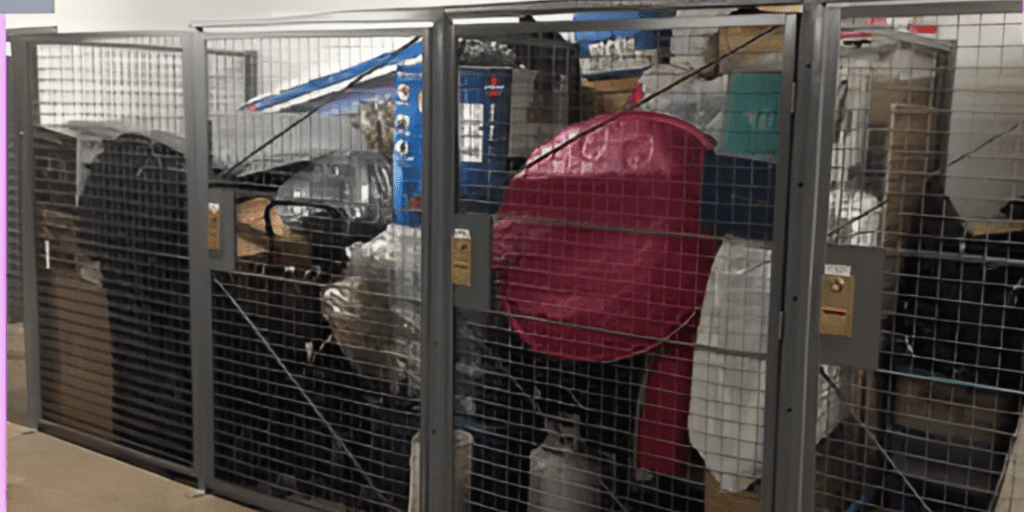 A Source for Tenant Lockers, this storage unit boasts wire mesh doors brimming with an assortment of items, from cardboard boxes and a pink chair to large plastic containers. The contents are expertly packed and stacked all the way to the top.